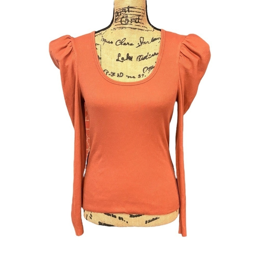 Nation LTD Michelle Puff Long Sleeve Top Ribbed Size Large Pima Cotton Clay